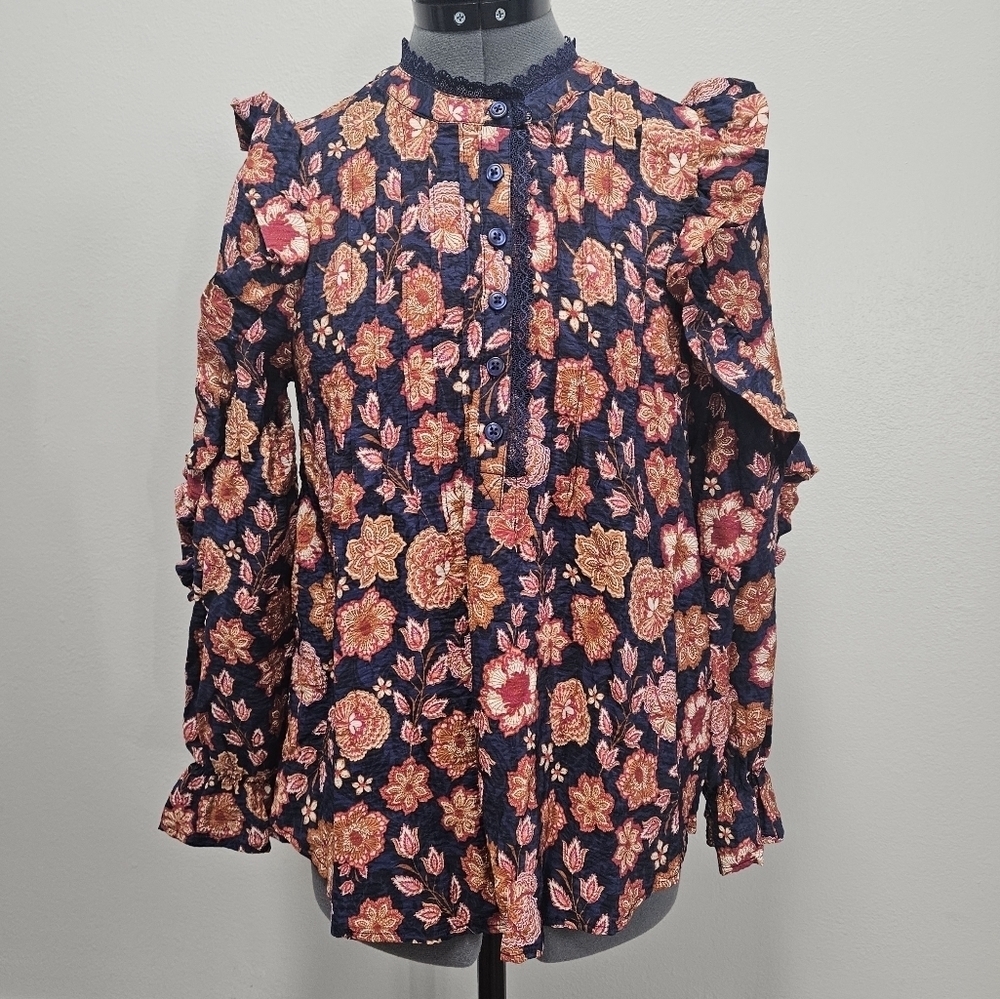 The Pioneer Woman Pintuck Floral Ruffle Long Sleeve Blouse Woman's Small Casual - Picture 7 of 11